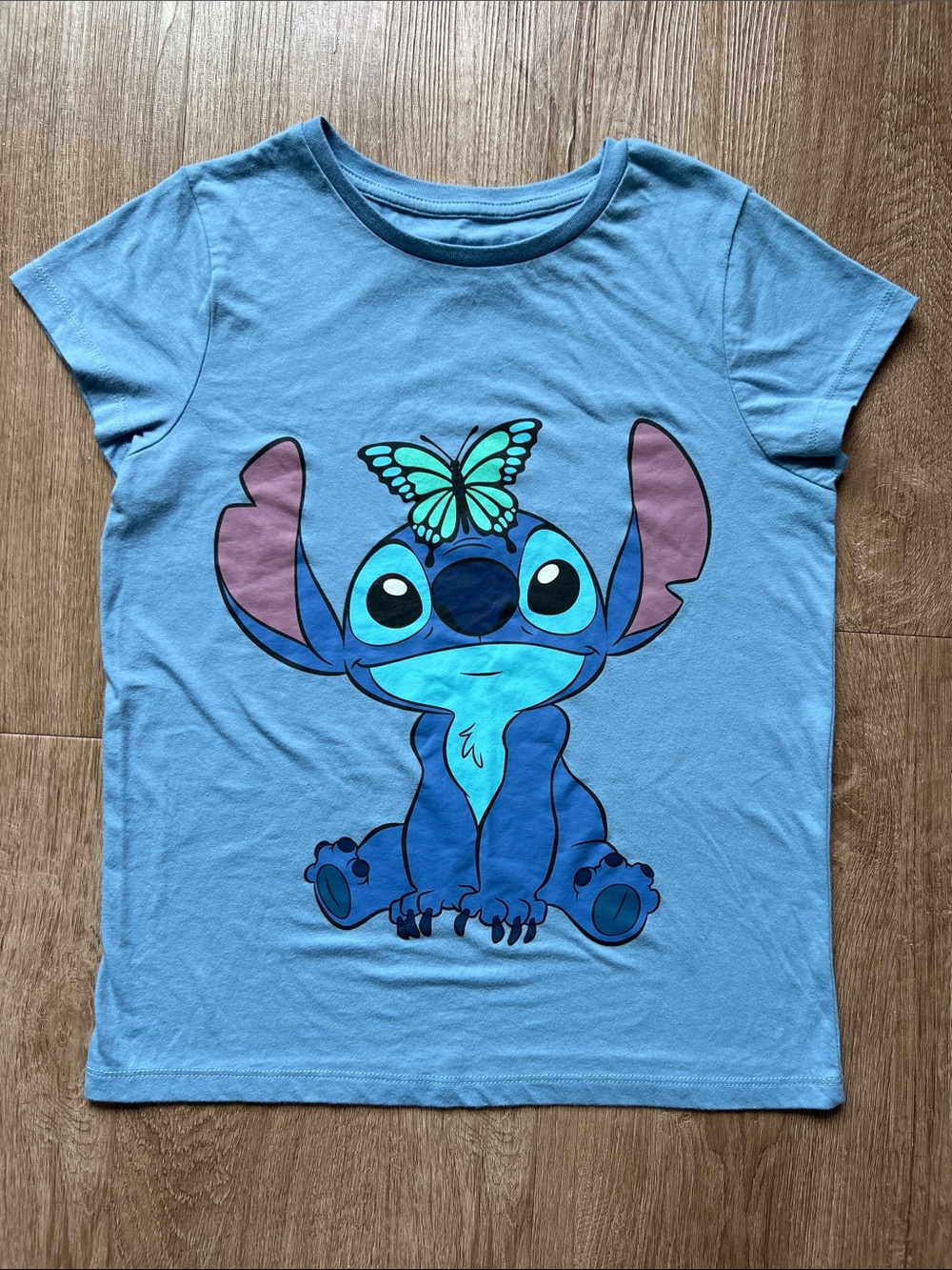 Disney Kids' Light Blue Stitch Graphic Tee with Butterfly Size Large